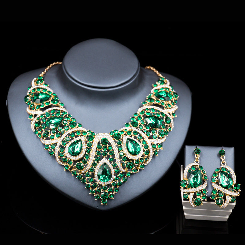 Luxury Crystal Bridal Jewelry Set – Statement Necklace & Dangle Earrings with Iridescent Rhinestones