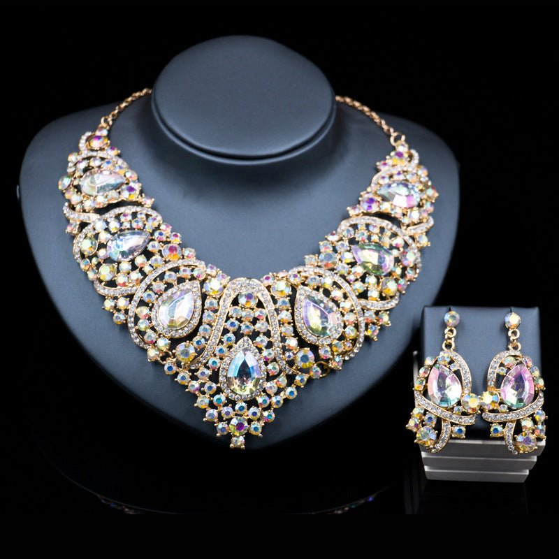 Luxury Crystal Bridal Jewelry Set – Statement Necklace & Dangle Earrings with Iridescent Rhinestones