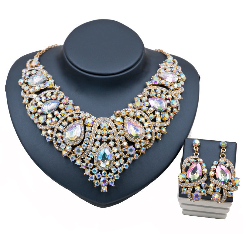 Luxury Crystal Bridal Jewelry Set – Statement Necklace & Dangle Earrings with Iridescent Rhinestones