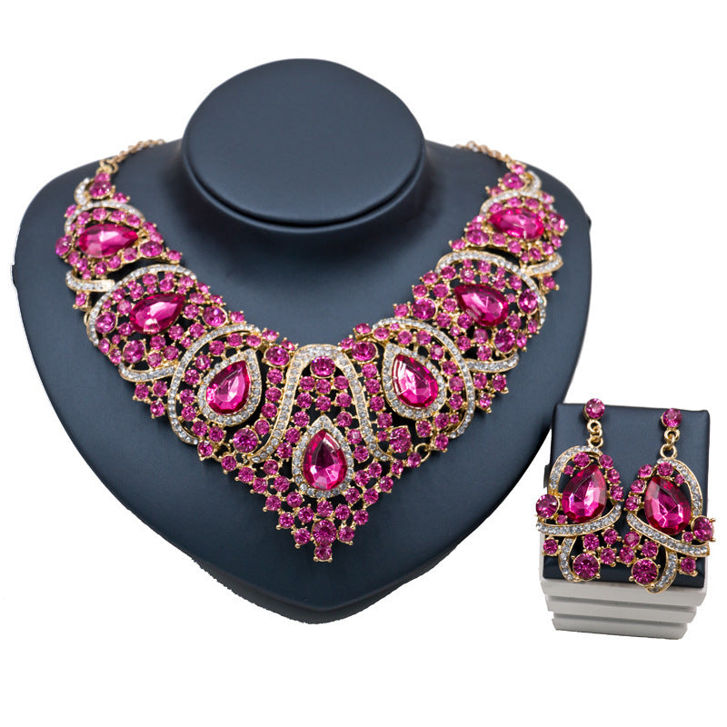 Luxury Crystal Bridal Jewelry Set – Statement Necklace & Dangle Earrings with Iridescent Rhinestones