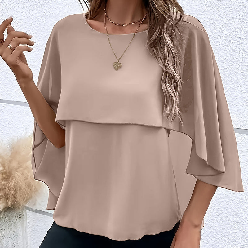 Women's Summer Chiffon Blouse - Casual Scoop Neck Cape Sleeve Tunic Tops Shirts