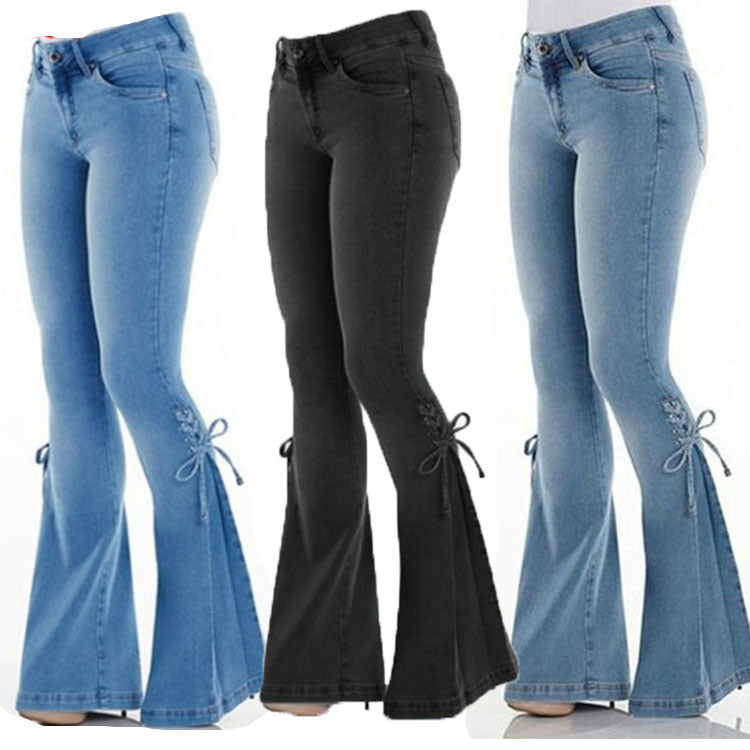 Ladies Mid-Waisted Denim Trousers - Stretchy Jeans