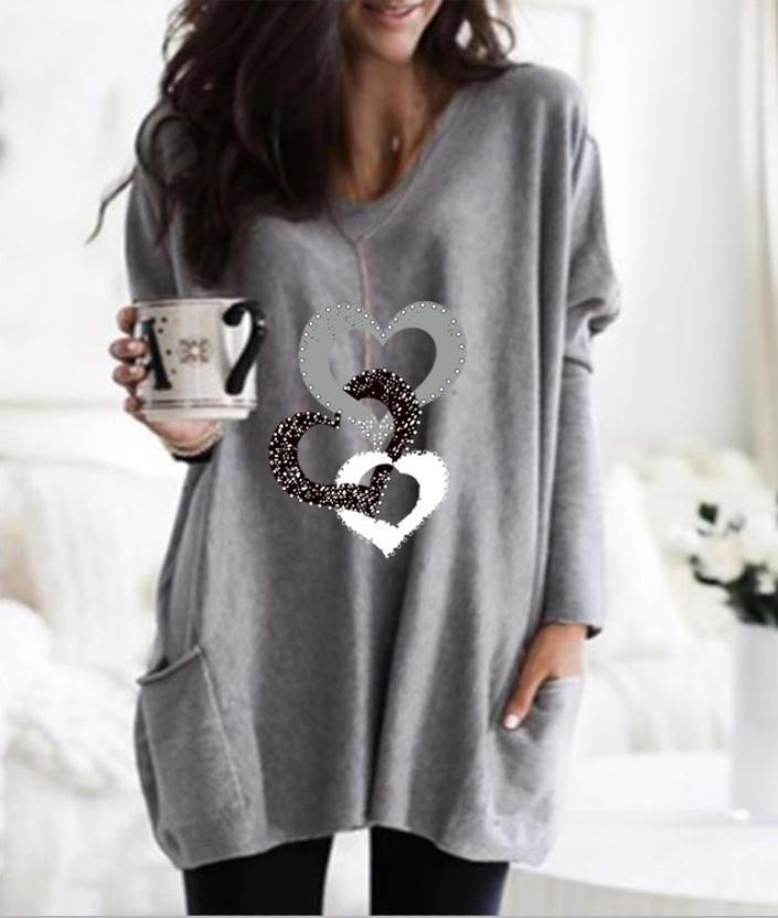 Women's Printed Pocket Round Neck Sweater - Women's Mid-length sweater
