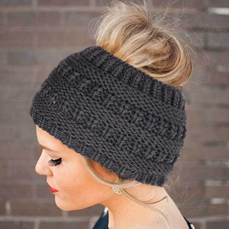 Women Headwrap Ponytail Beanies Hat - Winter Warm Ear Warmer Head Wrap Casual Crochet Turban Hats Female Soft Knit Woolen Caps