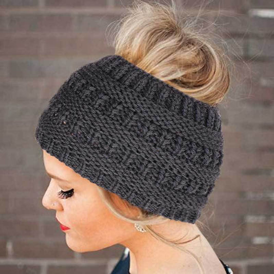 Women Headwrap Ponytail Beanies Hat - Winter Warm Ear Warmer Head Wrap Casual Crochet Turban Hats Female Soft Knit Woolen Caps