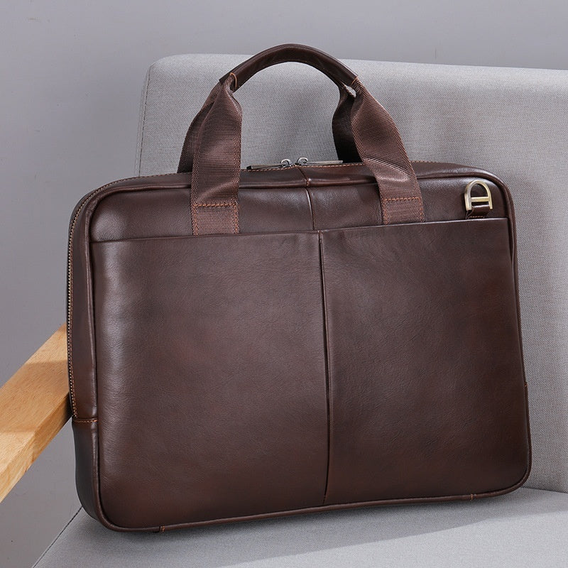 Genuine Leather Men's Briefcase -  Large Capacity Briefcase Men's Horizontal First Layer Cowhide Computer Storage Bag