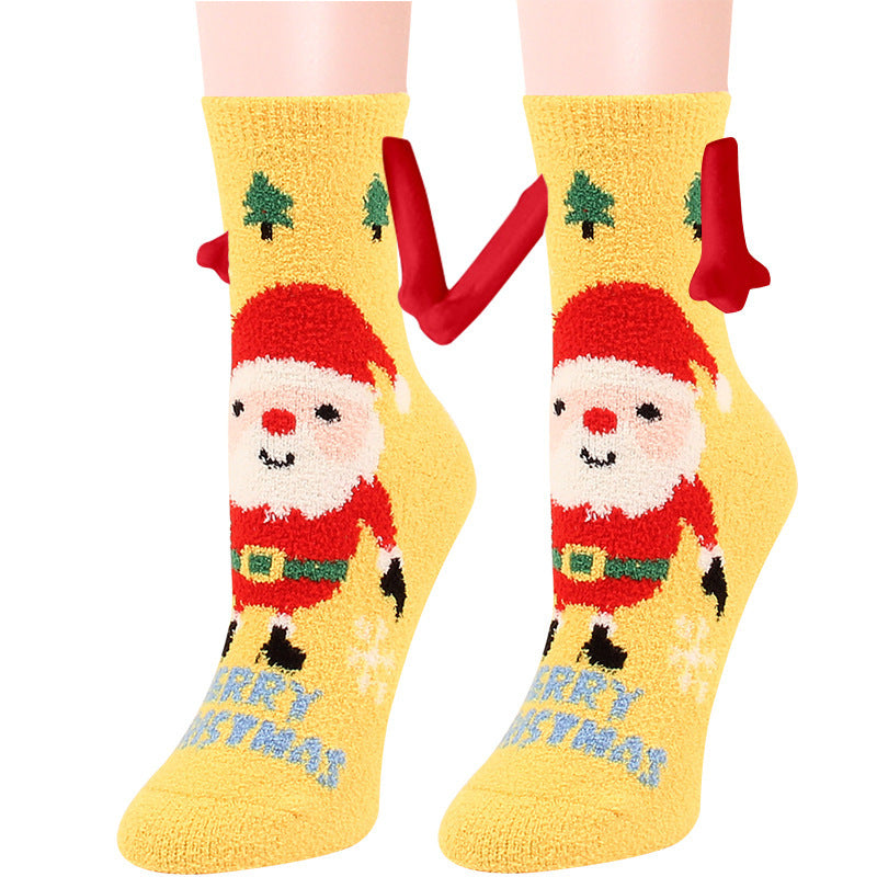 Christmas Supplies Magnetic Suction Hand In Hand Couple Socks - Coral Fleece Tube Socks Warm Slipper Bed Socks Winter Soft Warm Slipper
