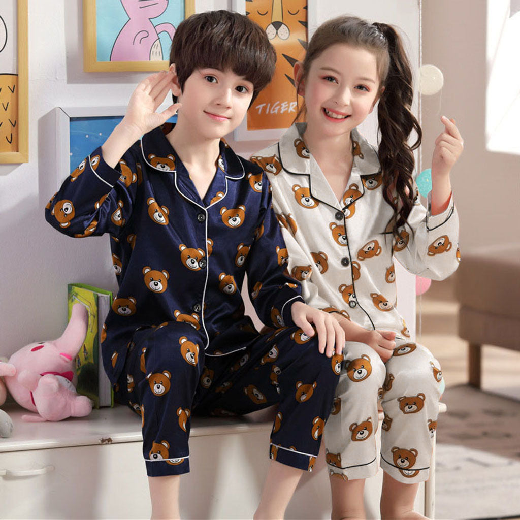 Long Sleeve Ice Silk Bear Pajamas Set - Pajamas For Boys and Girls