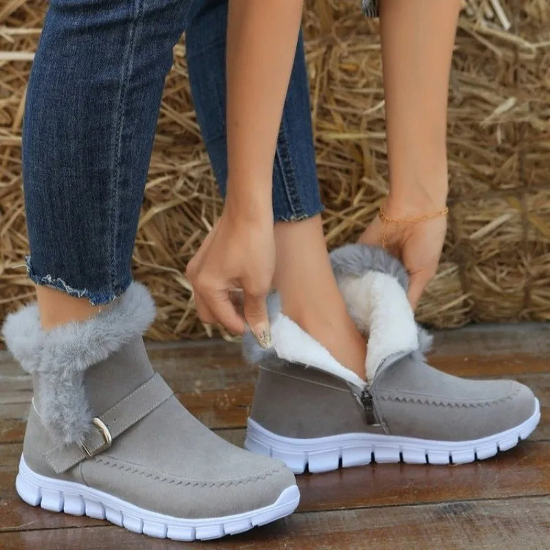New Snow Boots - Winter Warm Thickened Solid Color Plush Ankle Boots With Buckle Design Plus Velvet Flat Shoes For Women