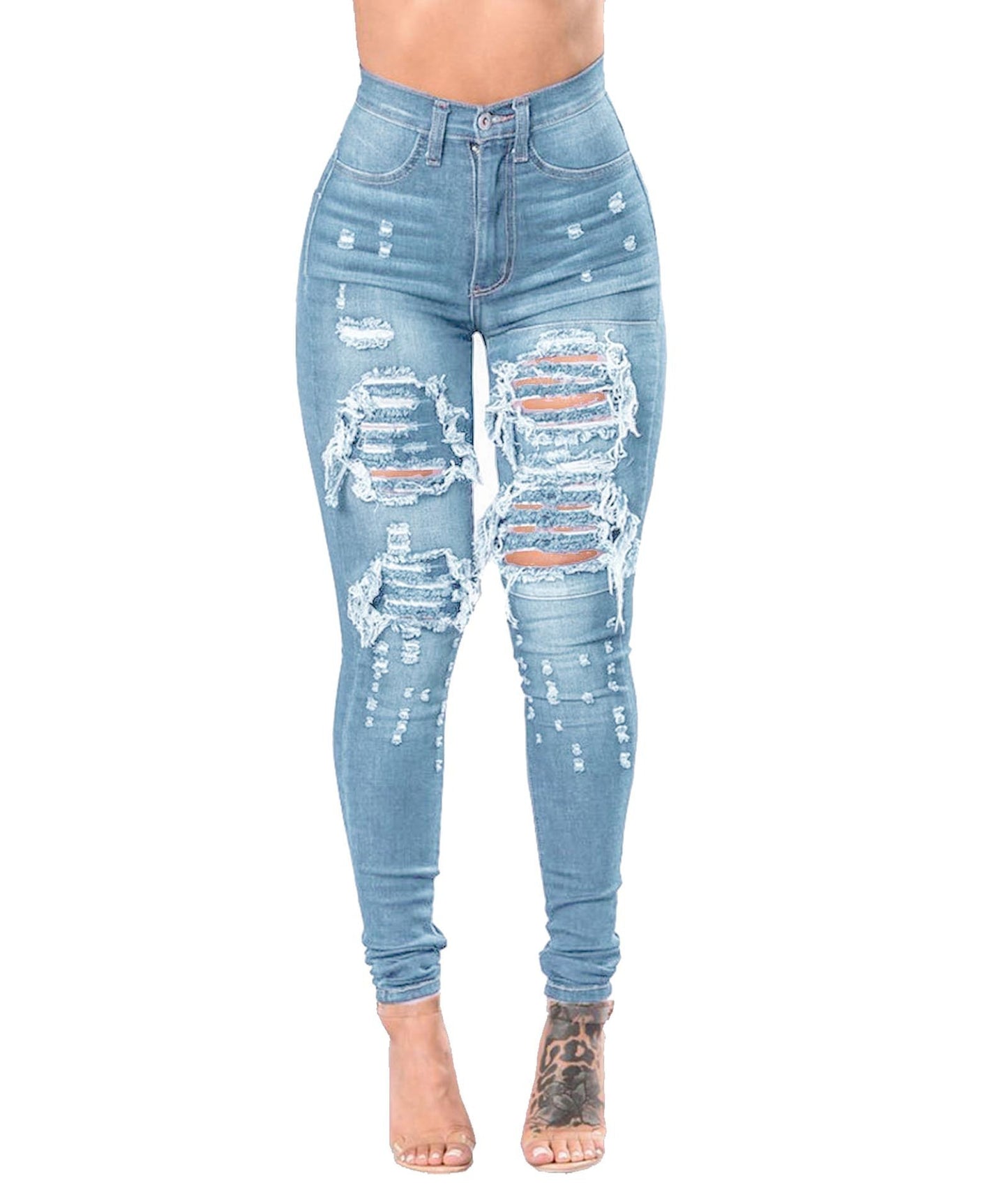 Women's Ripped Denim - Washed Denim Pants