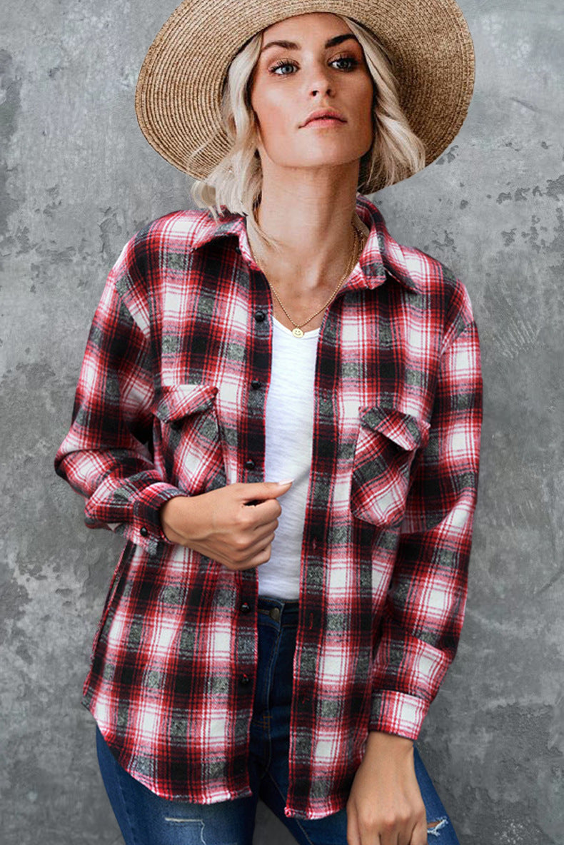 Plaid Spring Mid-length Loose Blouse - Turndown Collar Shirt Clothing