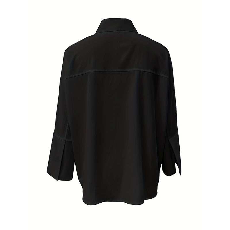 Women's Solid Color Fashion V-Neck Blouse - Puff Sleeve Button-Down Long-sleeved Shirts For Spring & Fall