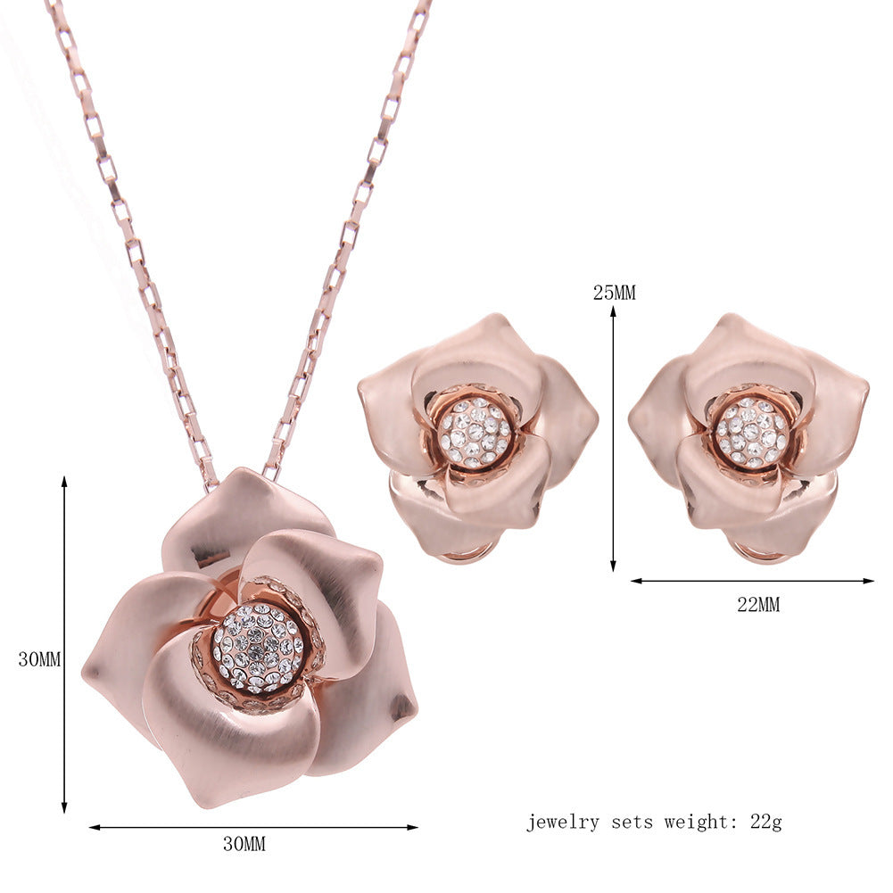 Elegant Rose Flower Jewelry Set – Rose Gold Plated Necklace & Earrings with Crystal Accents
