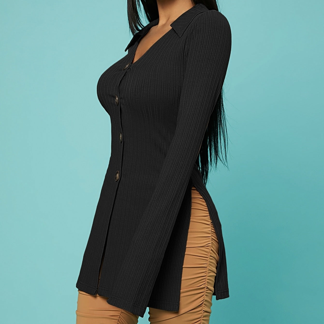 Ladies' V-neck Solid Color Button Slit Elegant Ribbed Knit Shirt Top