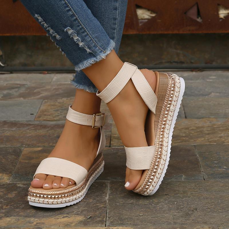 Summer Sandals Buckle Strap - Hemp Wedges Platform Peep Toe Shoes Women