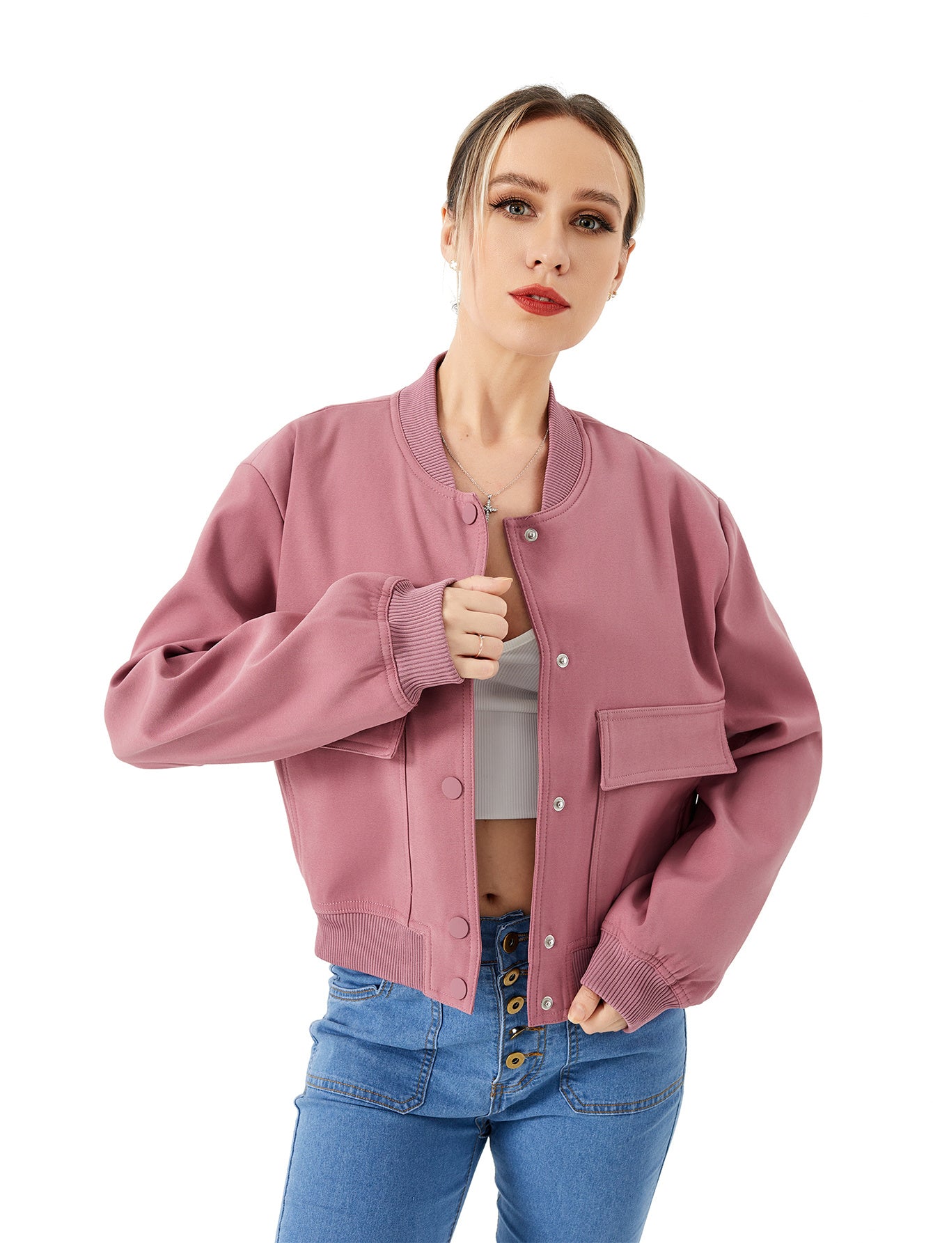 Lightweight Cropped Bomber Jacket - Casual Long Sleeve Varsity Jacket With Pocket Fashion Y2k Jacket Streetwear