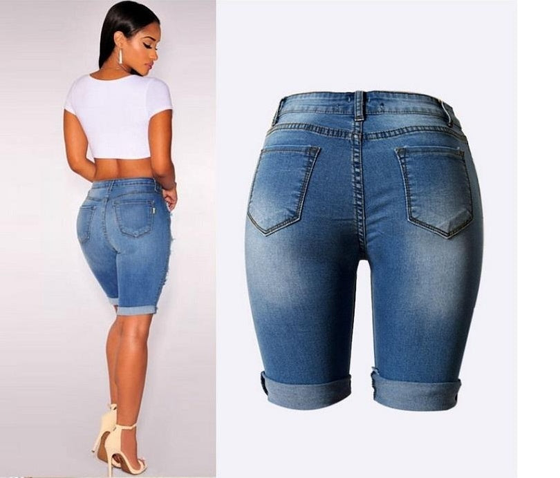 High Waist Roll-up Demin Shorts - Middle Pants Street Fashion
