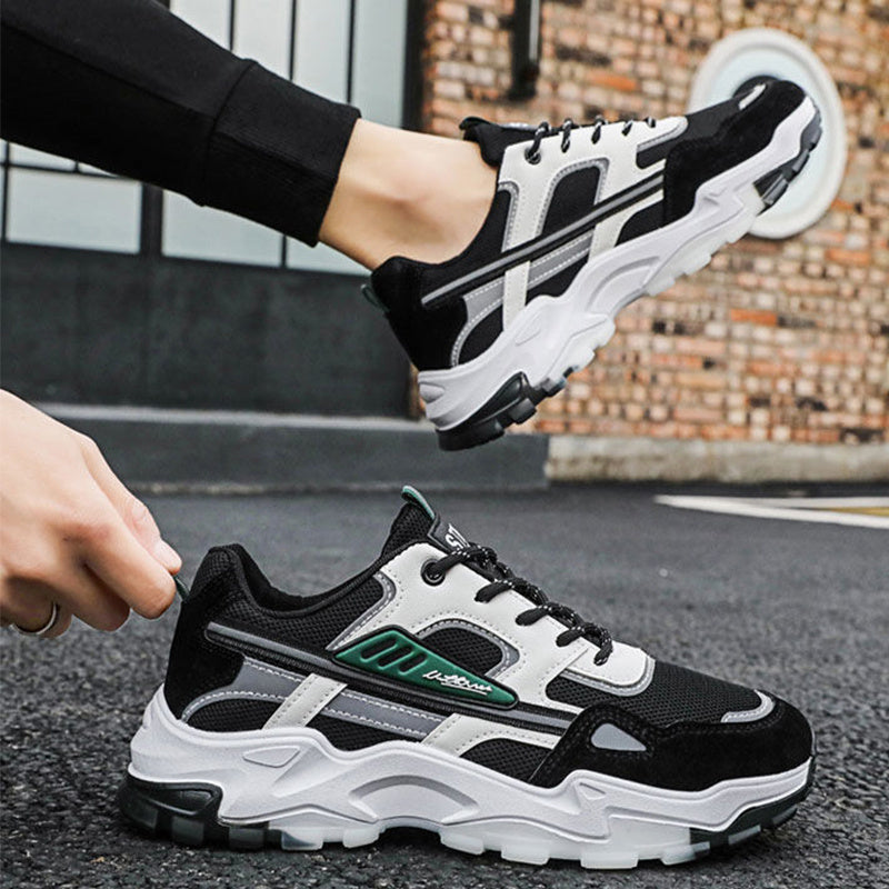 Black White Lace-up Sneakers - Men Outdoor Breathable Casual Mesh Shoes, Lightweight Running Sports Shoes