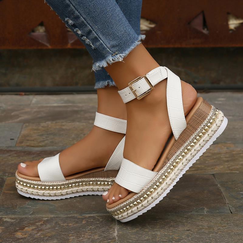 Summer Sandals Buckle Strap - Hemp Wedges Platform Peep Toe Shoes Women