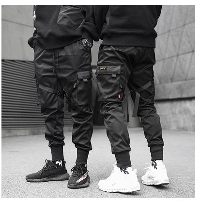 Men Black Hip Hop Cargo Pants - Elastic Waist Jogger Trousers, Sweatpants Pockets, Full Length Casual Fashion