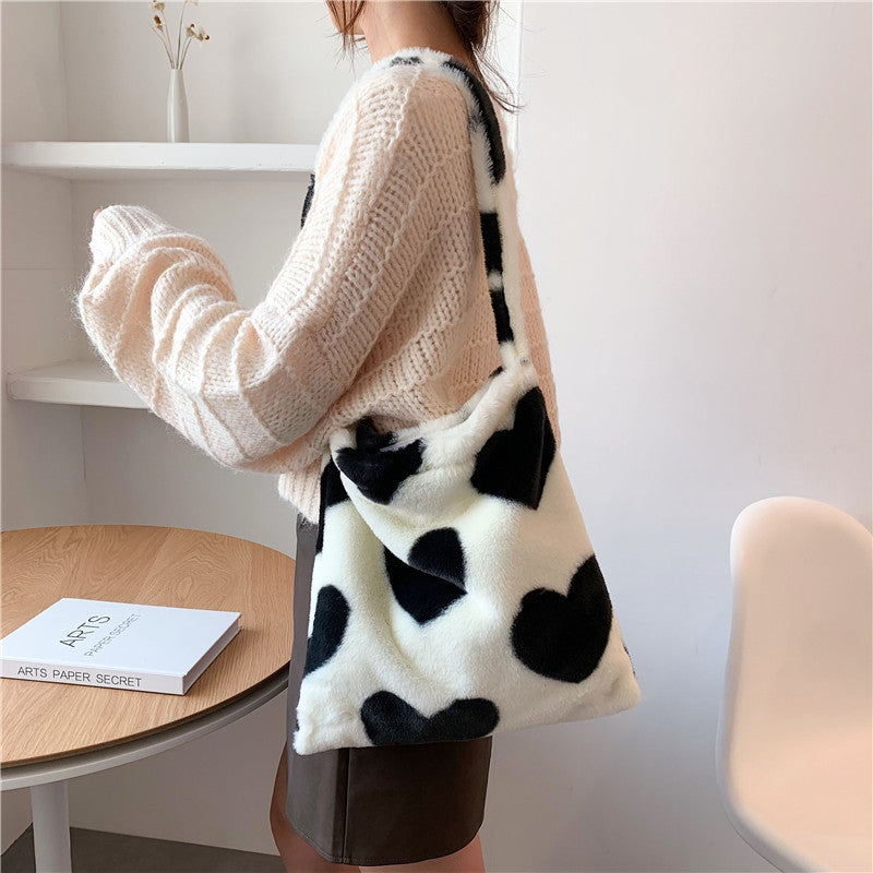 Love Heart Shoulder Bags - Winter Plush Shopping Bags For Women