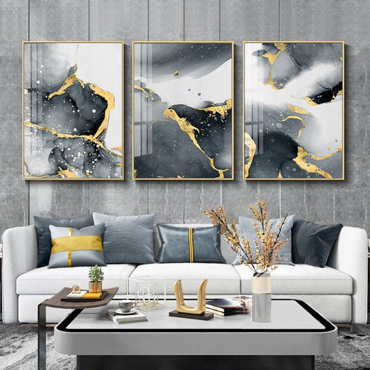 🖤 Black & White Abstract Marble Canvas Wall Art – Luxury Gold Stroke Modern Decor - JumoShop