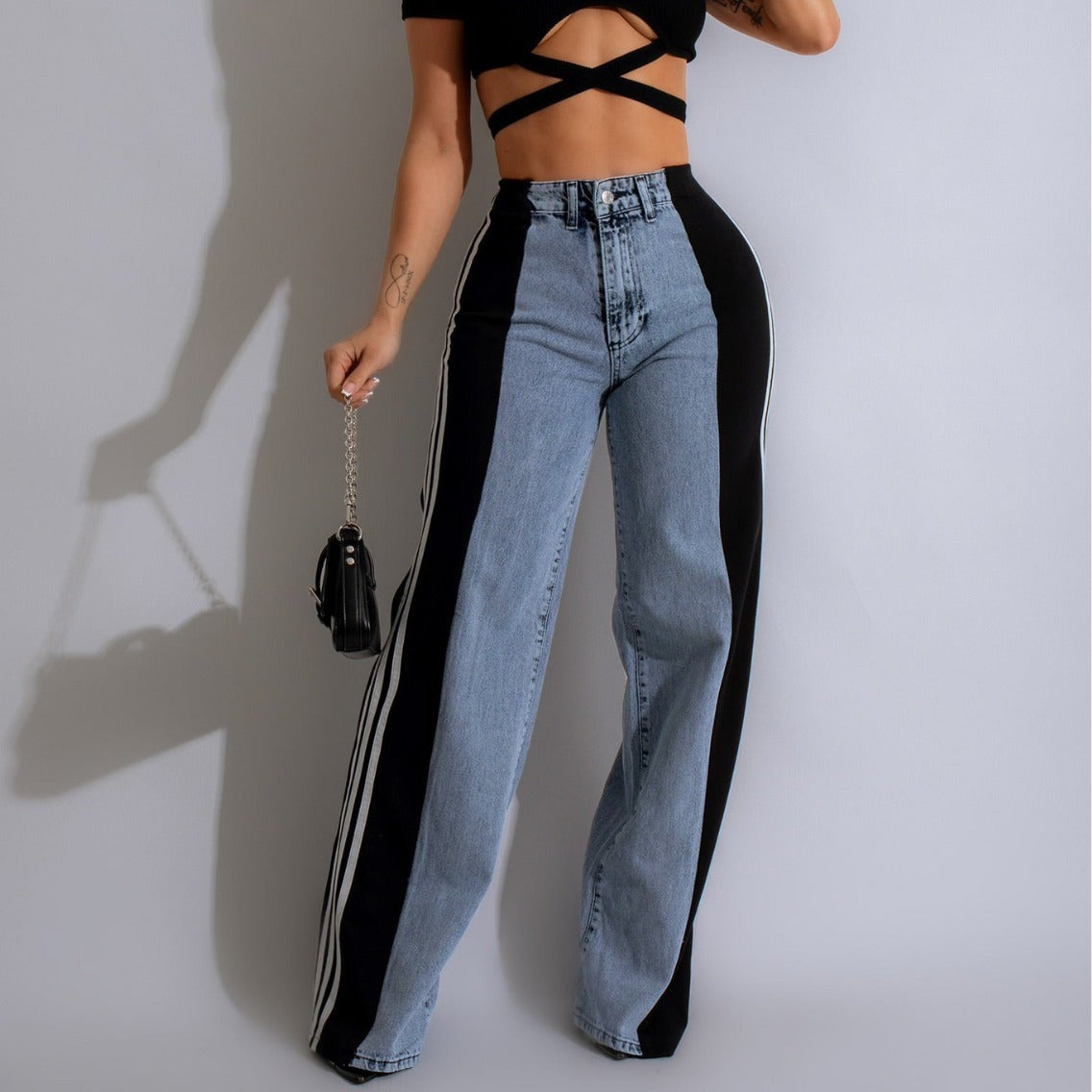 Stylish High Waist Elastic Baggy Pant -  Three Stripe Patchwork Denim Wide Leg Pants Streetwear