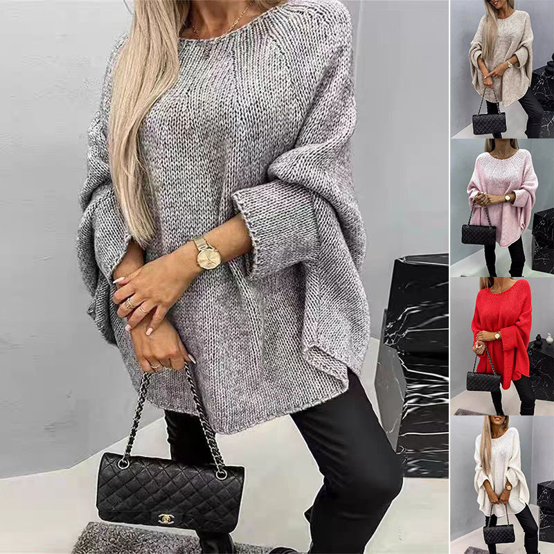 Winter Loose Batwing Sleeve Pullover Sweater - Fashion Oversized Knitted Shawl Sweater Tops For Women Clothing