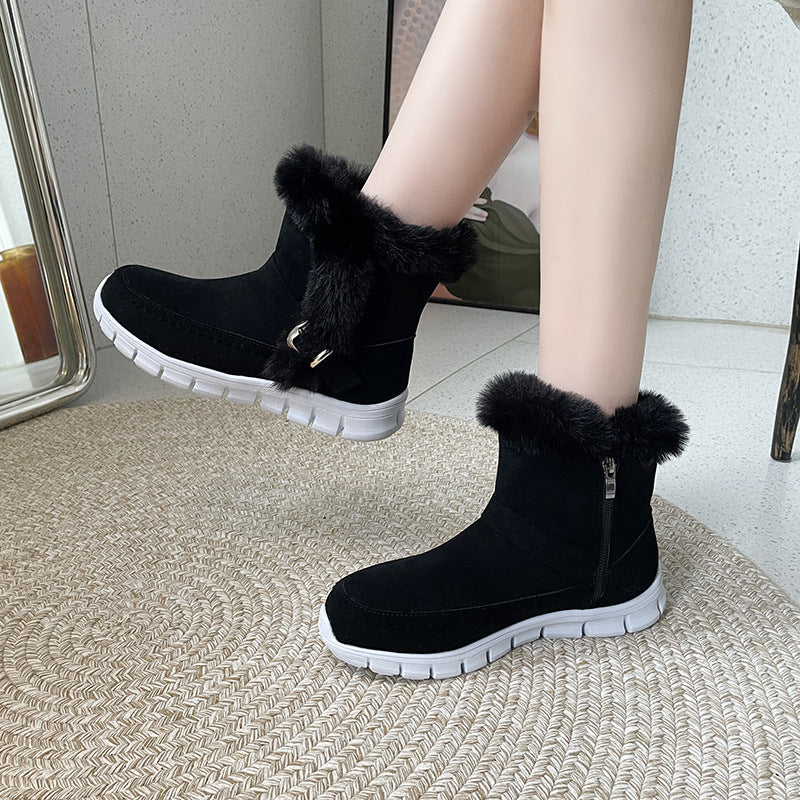 New Snow Boots - Winter Warm Thickened Solid Color Plush Ankle Boots With Buckle Design Plus Velvet Flat Shoes For Women