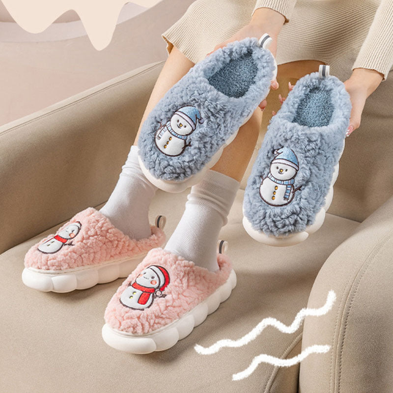 Cute Snowman Slippers -- Winter Indoor Household Warm Plush Thick-Soled Anti-slip Couple Home Slipper Soft Floor Bedroom House Shoes