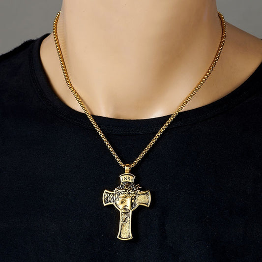 Stainless Steel Cross Shelf Head Pendant Necklace - Personality Retro Men