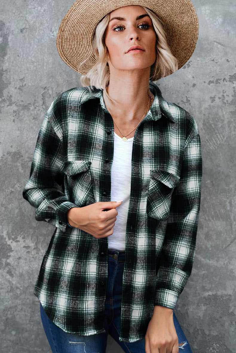 Plaid Spring Mid-length Loose Blouse - Turndown Collar Shirt Clothing