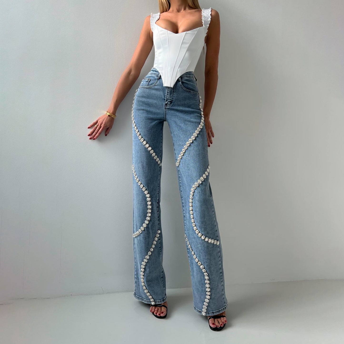 Fashionable Loose High Wait Straight Leg Jeans With A Rhine Stone - Casual Pants Denim Design For Women