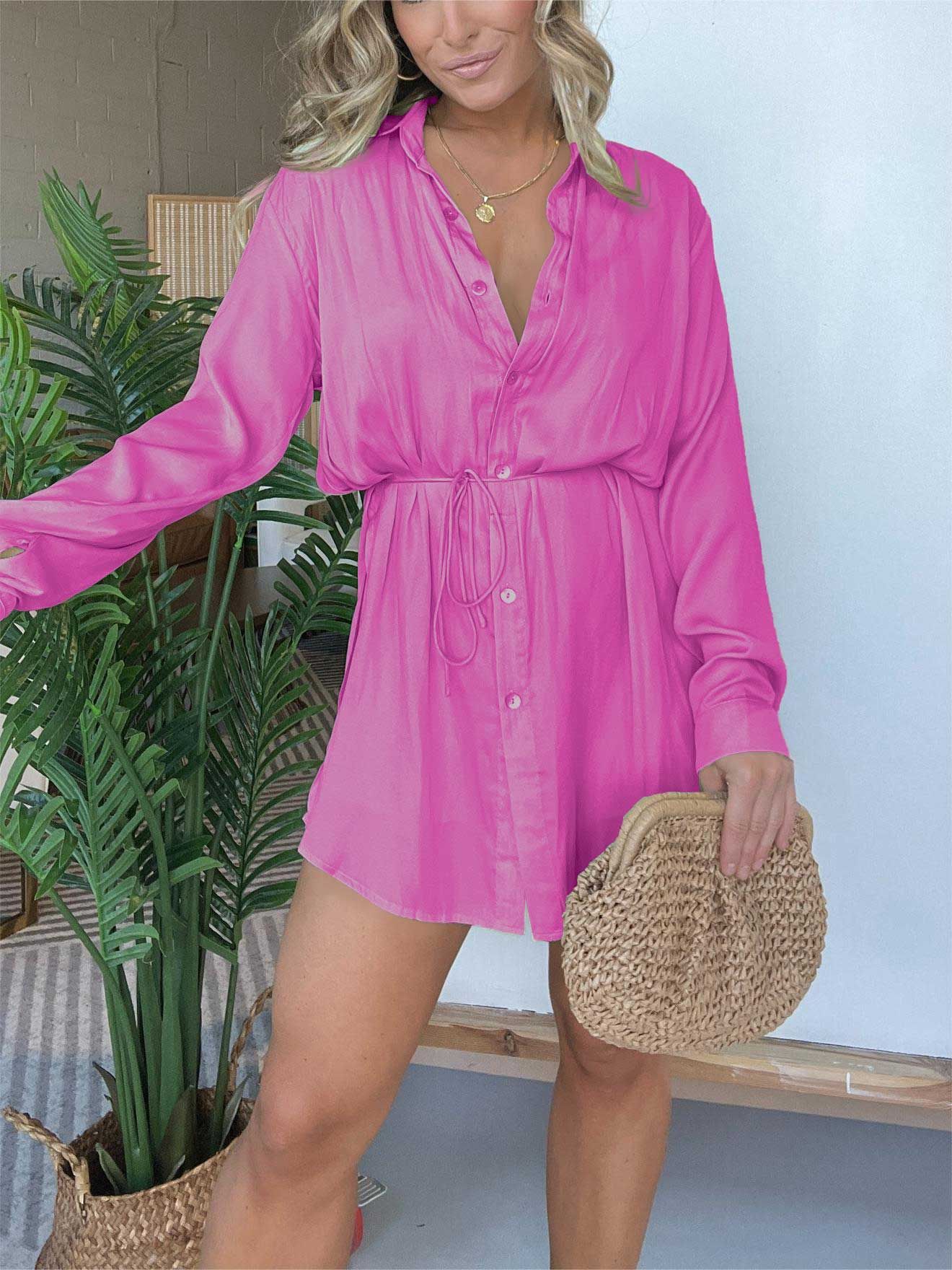 Women's Long Sleeve Long Button Down Shirt - Fashion Shirt Dress