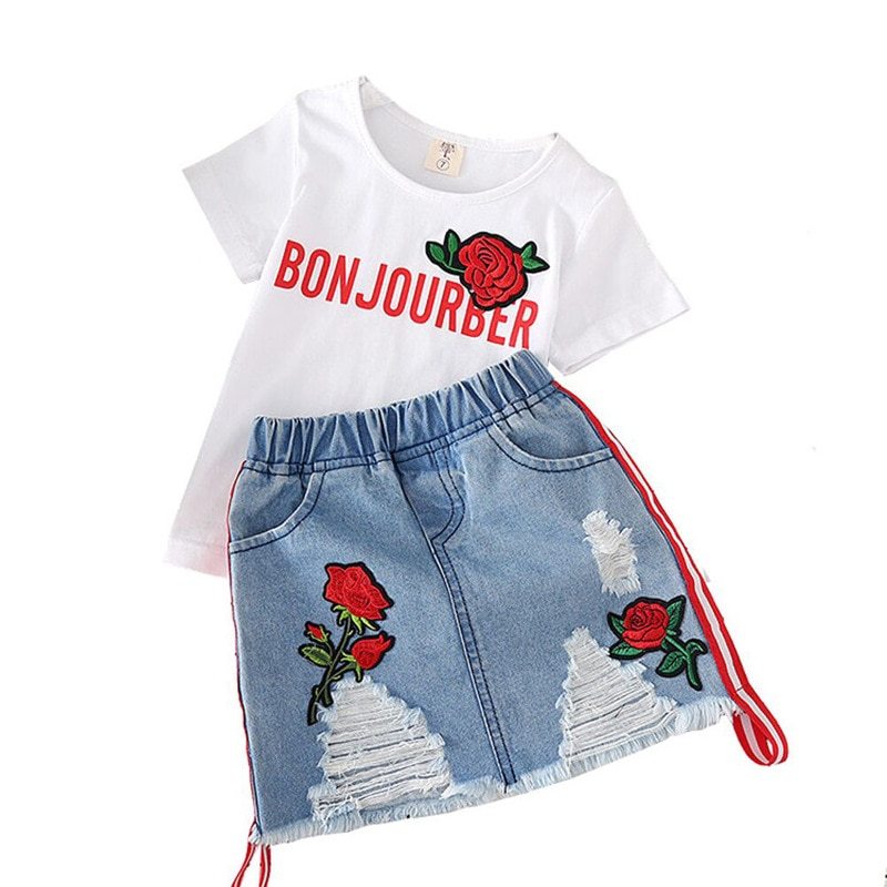 Kids White T-shirt Denim Skirt 2pcs Girls Suits