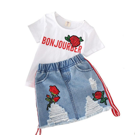 Kids White T-shirt Denim Skirt 2pcs Girls Suits