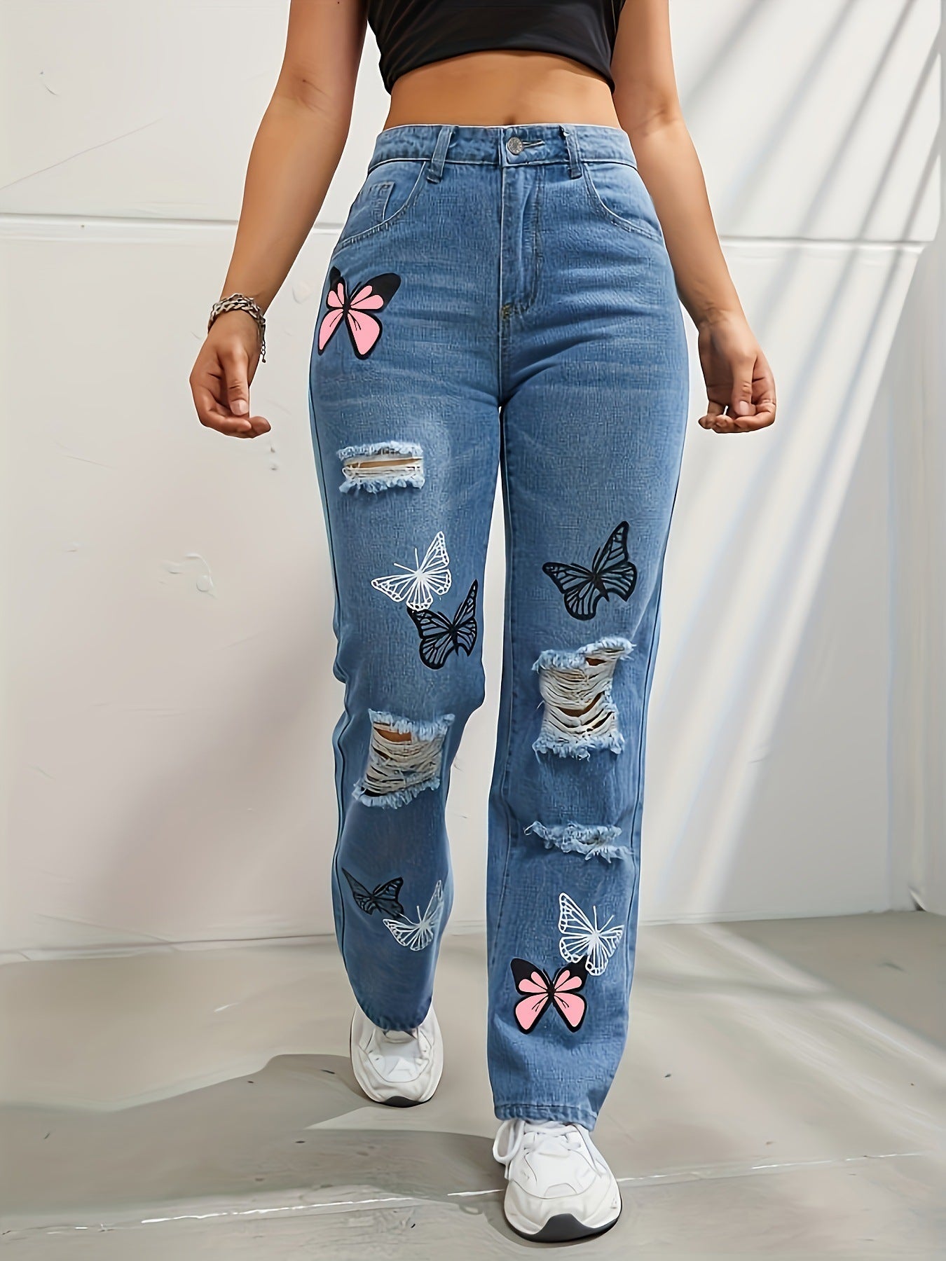 Butterfly Bliss High-Waisted Ripped Jeans – Trendy & Chic!  High Waisted Straight Leg Jeans For Women Trendy Butterfly Print Ripped Distressed Denim Pants - JumoShop