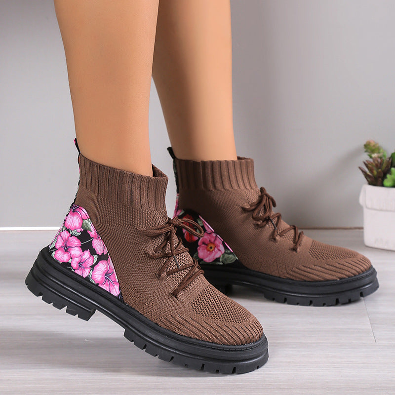 Knitted Flowers Print Boots