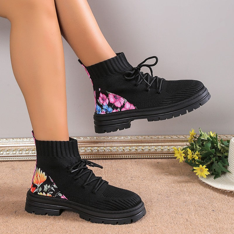 Knitted Flowers Print Boots