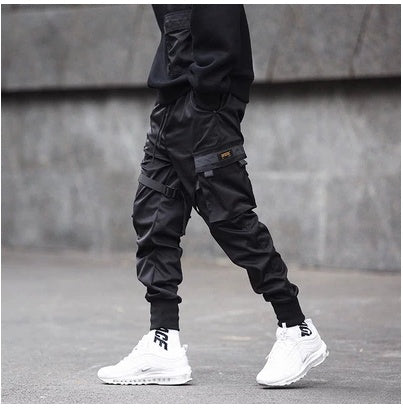 Men Black Hip Hop Cargo Pants - Elastic Waist Jogger Trousers, Sweatpants Pockets, Full Length Casual Fashion