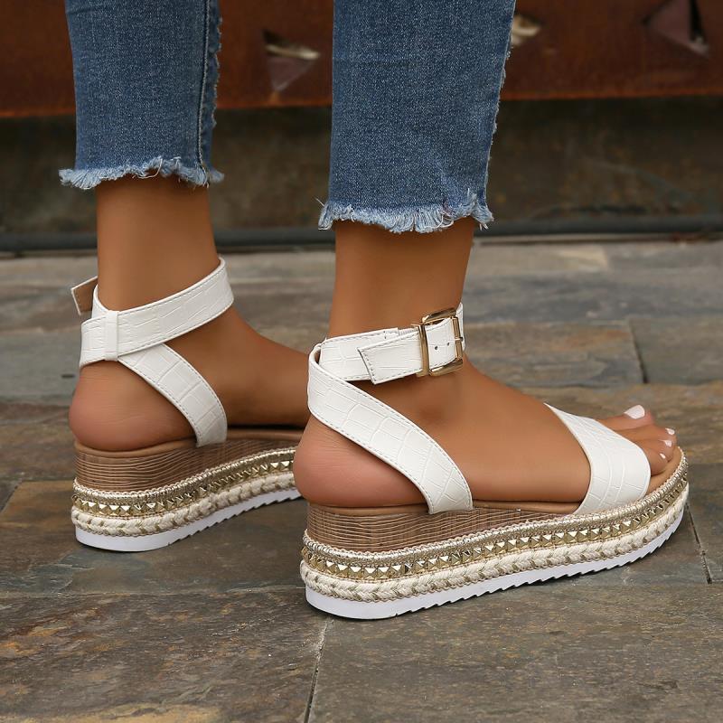 Summer Sandals Buckle Strap - Hemp Wedges Platform Peep Toe Shoes Women
