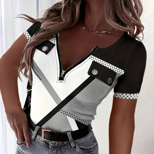 Women's Color Block Zipper T-Shirt - Casual Short Sleeve Summer Top Asymmetric solid Color Casual T shirt With Zipper