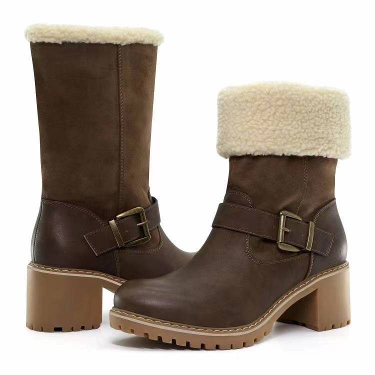 Fashion Boots With Buckle - Chunky Heel Shoes Warm Winter Round Toe Western Boots For Women