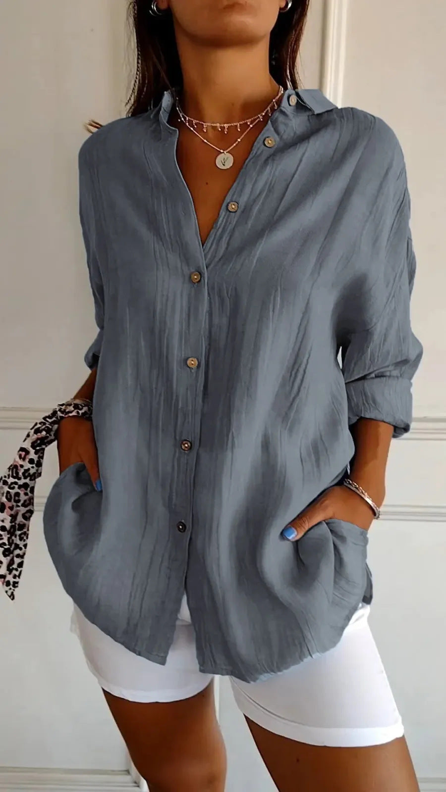 Lapel Long Sleeve Shirt - Women's Single-breasted Pleated Shirt
