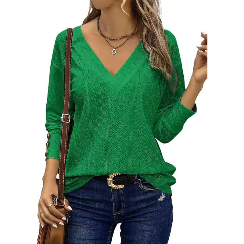 Cute Long Sleeve Eyelet Tops - V Neck Fall Shirts Casual Loose Blouses Trendy Clothes