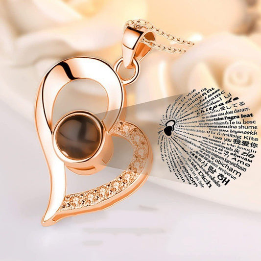 100 Languages "I Love You" Projection Necklace – Heart-Shaped Rose Gold Pendant