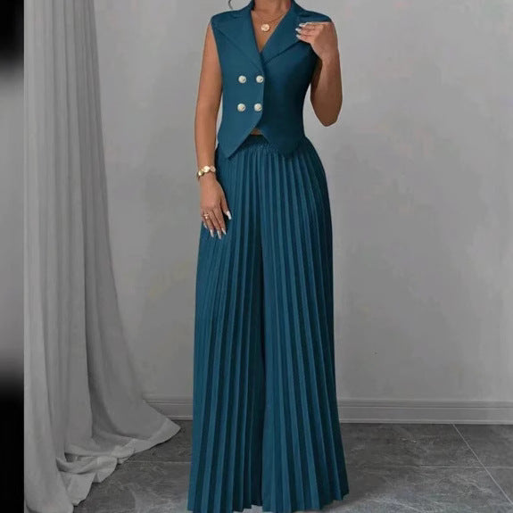 Summer Sleeveless Suit - Fashion Lapel Button Vest Top And Pleated Straight Pants Women's Trousers Set Clothing