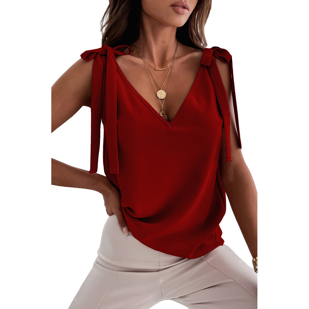 Chic Satin Bowknot Camisole – Effortless Elegance for Every Occasion ✨ Bowknot Tie Up Camisole V-neck Shirts Women Summer Sleeveless Tank Tops - JumoShop