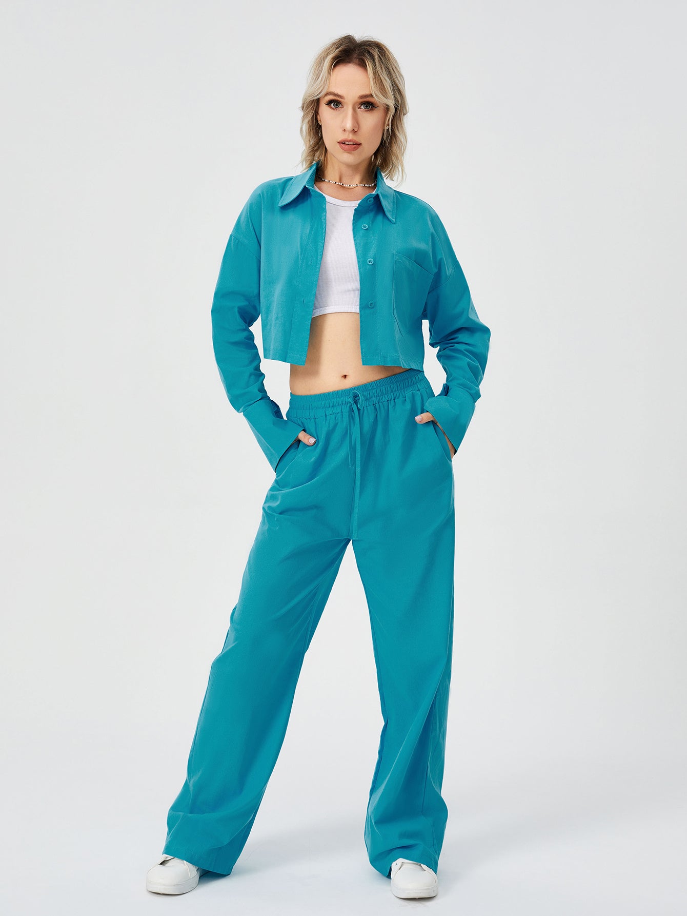 Women Two Piece Loungewear - Women Long Sleeve Button Down Wide Leg Pajama Set