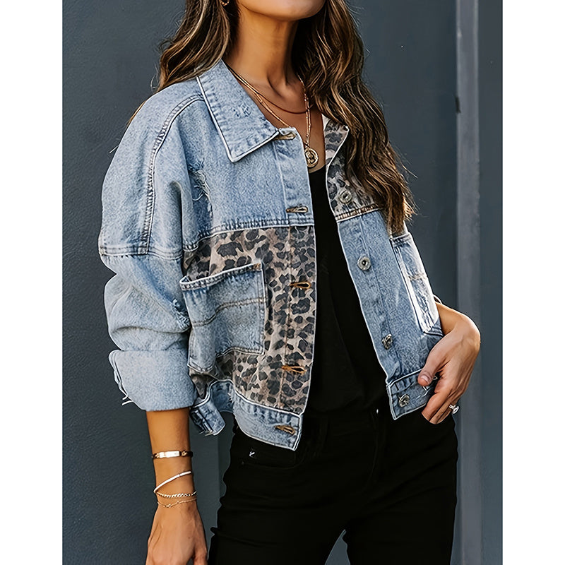Women's Cropped Distressed Denim Jacket Ripped Button Down Jean Jacket Long Sleeve Casual Streetwear Coat